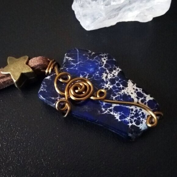 Wire Wrapped Dark Blue Sea Sediment Jasper Pendant! Faux Suede Cord + Star ~ 19" - Picture 10 of 10